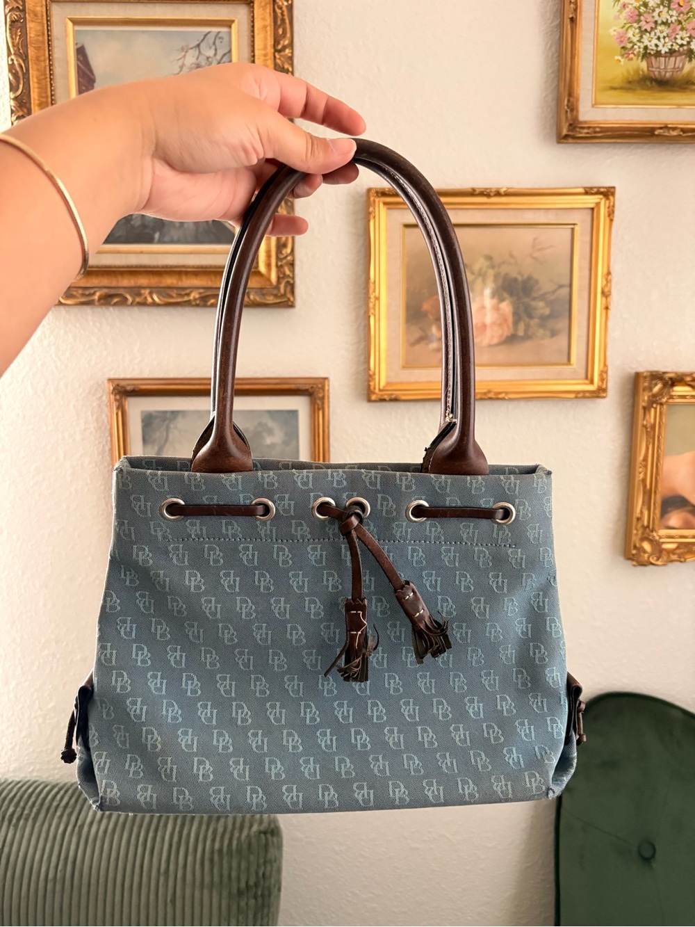 Dooney & Bourke Denim Monogram Tote with Brown Leather Handles
